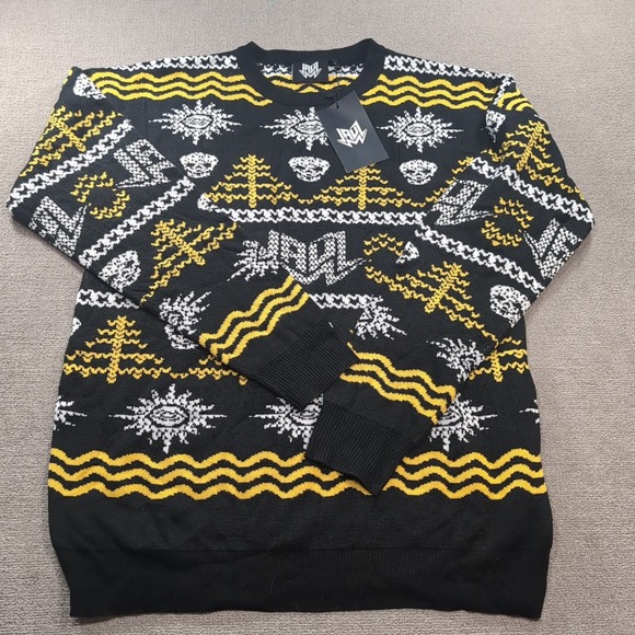JAUL Black NWT Black White Yellow Long Sleeve Pullover Sweater Size Large Skull - Picture 2 of 10